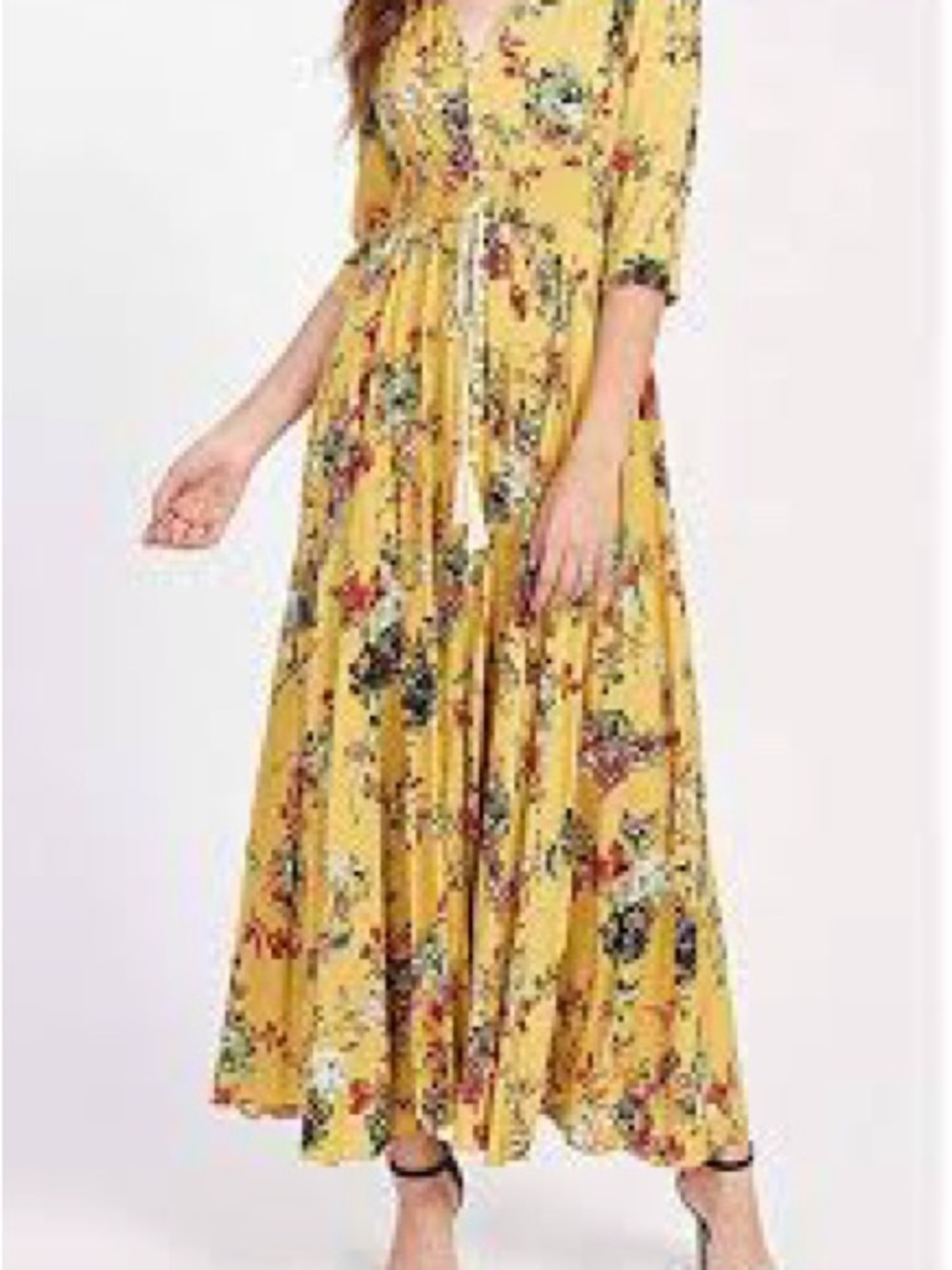 Unbranded Farm Rio inspired Yellow Floral Tie-Waist Maxi Dress